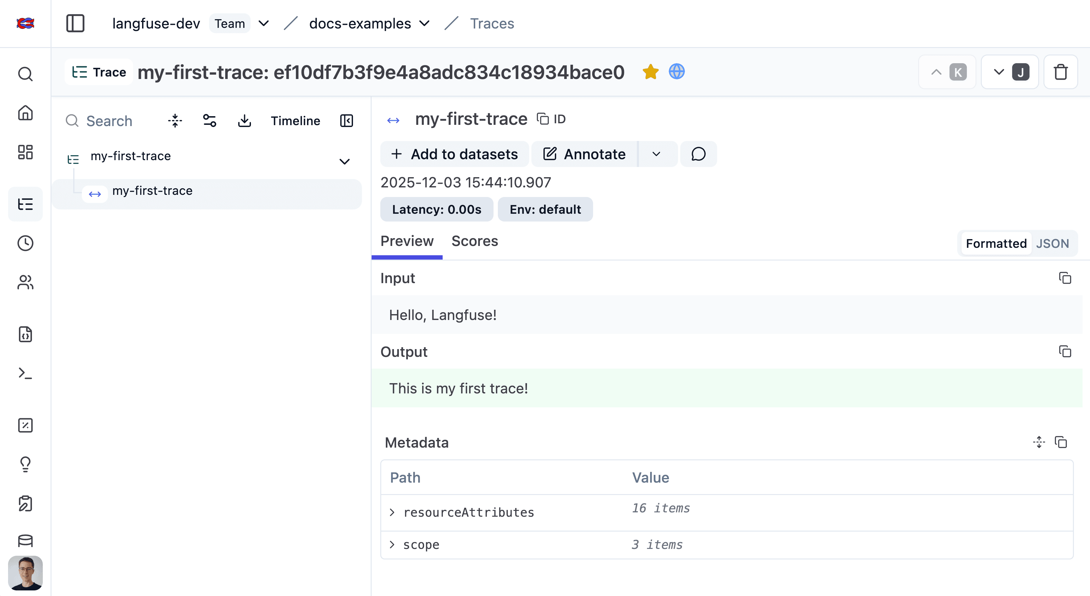 First trace in Langfuse